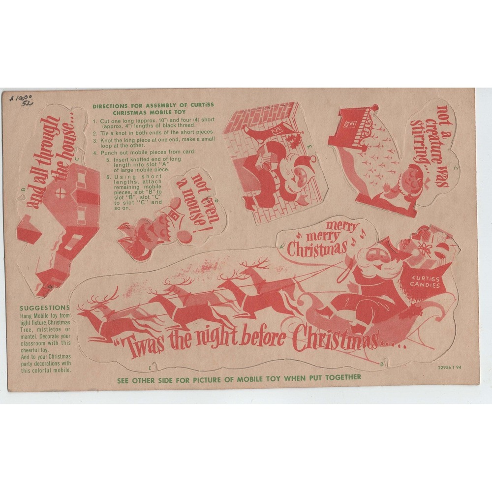 Vtg Curtiss Candy Chicago Twas the Night Before Christmas Santa Mobile Punch Out - Picture 2 of 2